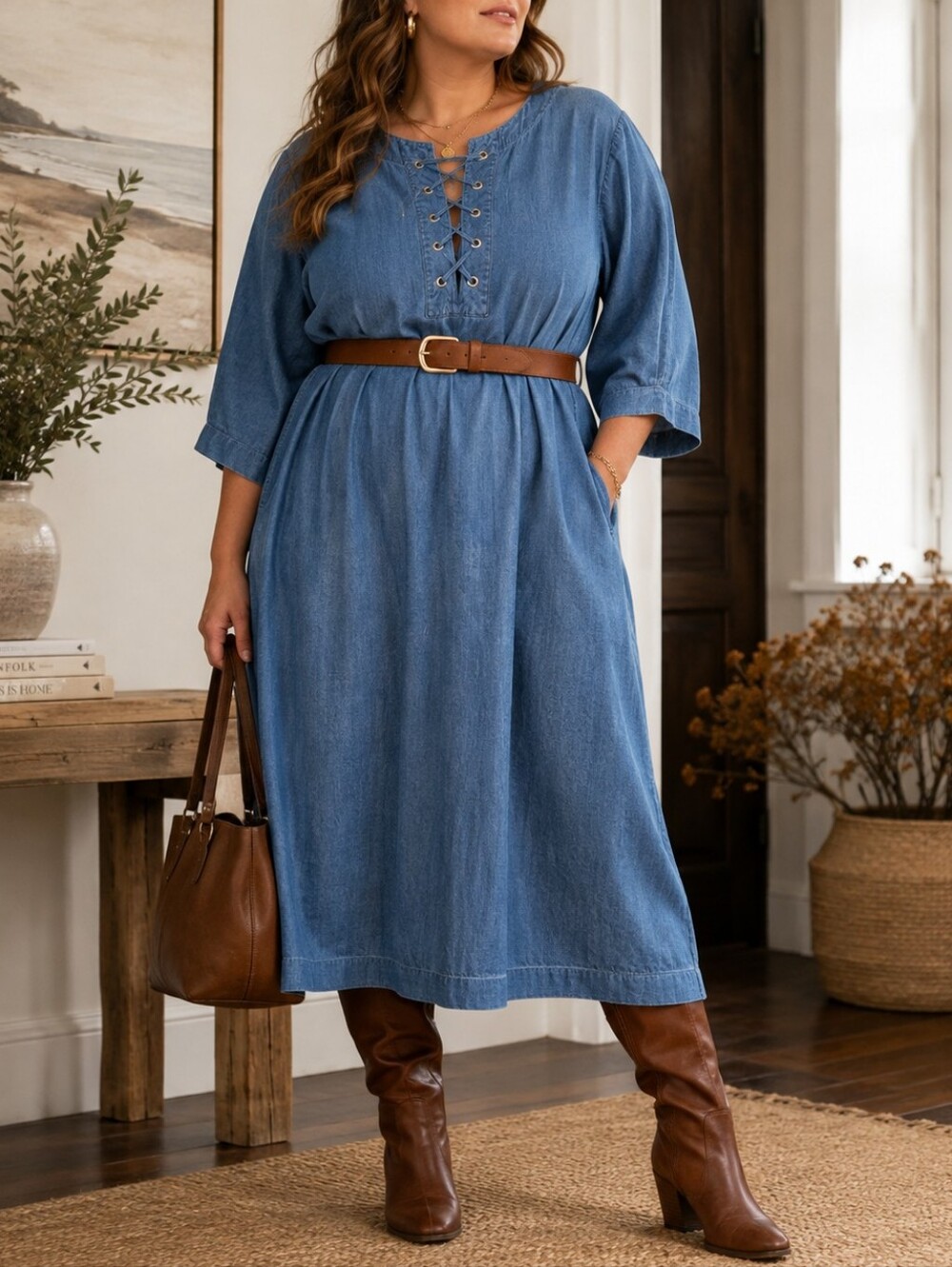 Talbots Woman 2X Chambray Denim Midi Dress Lace Up Coastal Boho Cottagecore - Picture 1 of 9